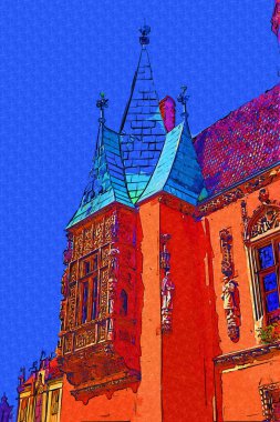 Wroclaw, Polonya 'da belediye binası ile pazar meydanı sabah erken saatlerde. Renkli şehir kavramı.