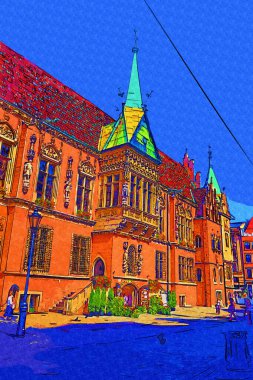 Wroclaw, Polonya 'da belediye binası ile pazar meydanı sabah erken saatlerde. Renkli şehir kavramı.