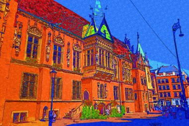 Wroclaw, Polonya 'da belediye binası ile pazar meydanı sabah erken saatlerde. Renkli şehir kavramı.