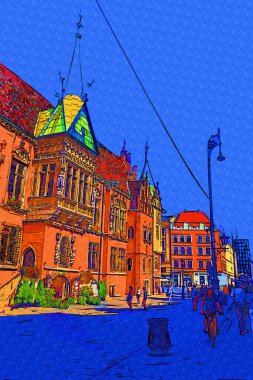 Wroclaw, Polonya 'da belediye binası ile pazar meydanı sabah erken saatlerde. Renkli şehir kavramı.