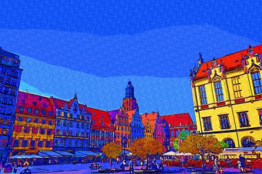 Wroclaw, Polonya 'da belediye binası ile pazar meydanı sabah erken saatlerde. Renkli şehir kavramı.