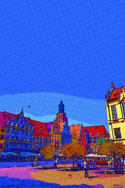 Wroclaw, Polonya 'da belediye binası ile pazar meydanı sabah erken saatlerde. Renkli şehir kavramı.