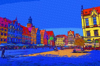 Wroclaw, Polonya 'da belediye binası ile pazar meydanı sabah erken saatlerde. Renkli şehir kavramı.