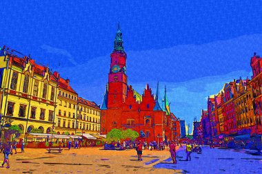 Wroclaw, Polonya 'da belediye binası ile pazar meydanı sabah erken saatlerde. Renkli şehir kavramı.