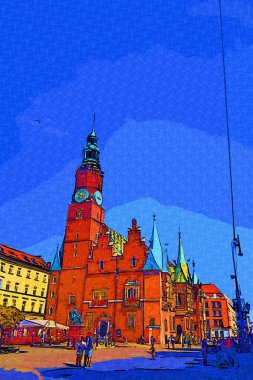 Wroclaw, Polonya 'da belediye binası ile pazar meydanı sabah erken saatlerde. Renkli şehir kavramı.