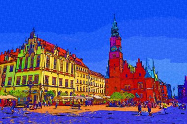 Wroclaw, Polonya 'da belediye binası ile pazar meydanı sabah erken saatlerde. Renkli şehir kavramı.