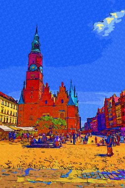 Wroclaw, Polonya 'da belediye binası ile pazar meydanı sabah erken saatlerde. Renkli şehir kavramı.