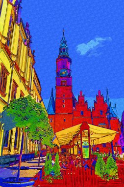 Wroclaw, Polonya 'da belediye binası ile pazar meydanı sabah erken saatlerde. Renkli şehir kavramı.