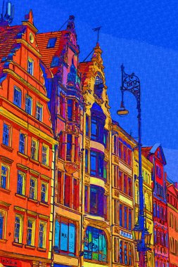 Wroclaw, Polonya 'da belediye binası ile pazar meydanı sabah erken saatlerde. Renkli şehir kavramı.