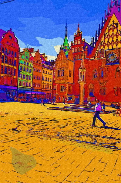 Wroclaw, Polonya 'da belediye binası ile pazar meydanı sabah erken saatlerde. Renkli şehir kavramı.