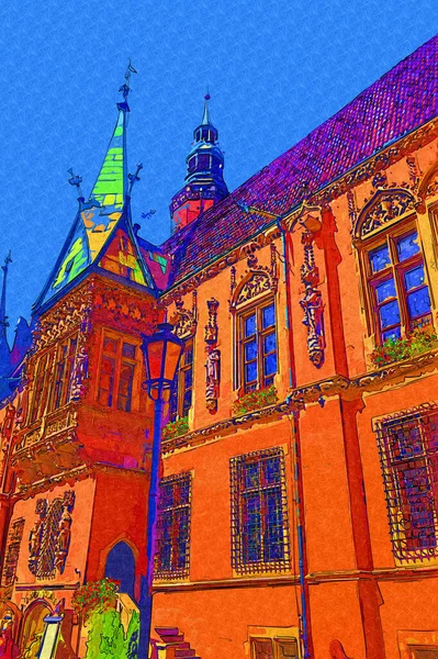 Wroclaw, Polonya 'da belediye binası ile pazar meydanı sabah erken saatlerde. Renkli şehir kavramı.