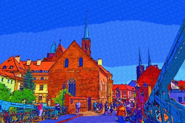 Wroclaw, Poland- Ostrow Tumski 'nin tarihi ve tarihi kısmının Panoraması