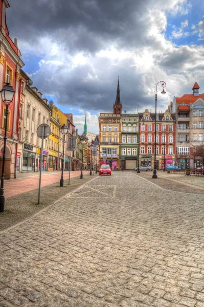 Centro Walbrzych Fontana Cittadina Case Barocche Bassa Slesia Polonia — Foto Stock