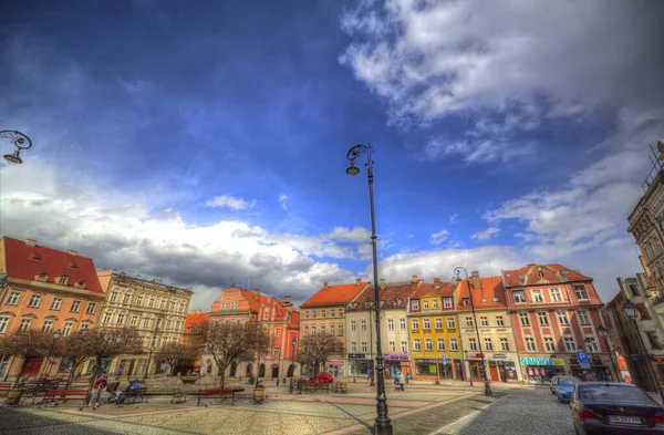 Centro Walbrzych Fontana Cittadina Case Barocche Bassa Slesia Polonia — Foto Stock