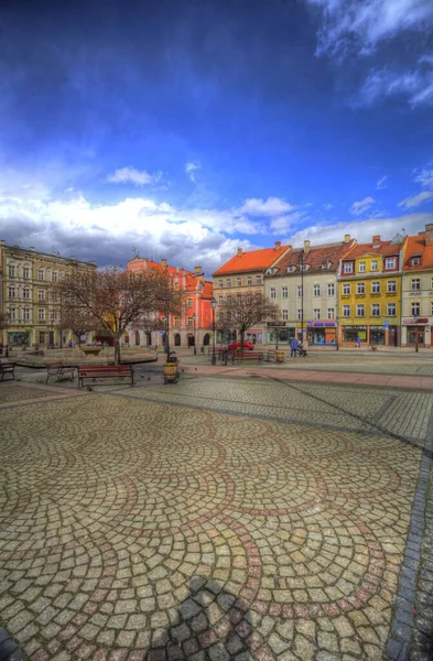 Centro Walbrzych Fontana Cittadina Case Barocche Bassa Slesia Polonia — Foto Stock