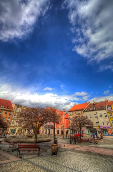 Centro Walbrzych Fontana Cittadina Case Barocche Bassa Slesia Polonia — Foto Stock