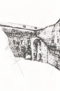 Klodzko 'nun kalesi, hava kalesi sanat resimlerinden antika eskiz eskizleri.