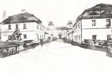 Ksiaz Şatosu Polonya Sicilya sanat retro illüstrasyon, sanat, çizim, eskiz, resim
