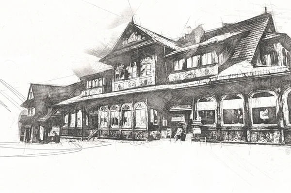 Dřevěná Architektura Zakopane Dne Polsko Ilustrační Kresba — Stock fotografie