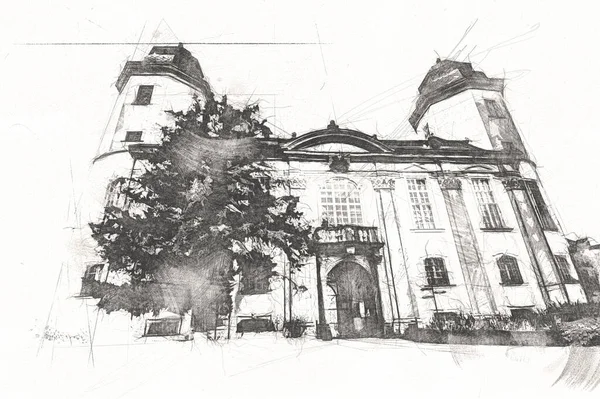 Ксязский Замок Польша Silesia Art Retro Illustration Art Drawing Sketch — стоковое фото