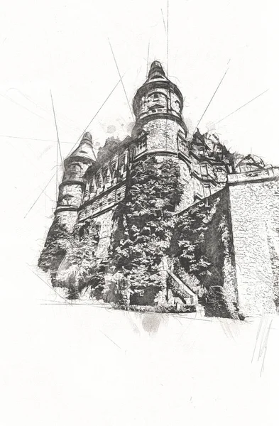 Castillo Ksiaz Polonia Silesia Arte Retro Ilustración Arte Dibujo Boceto — Foto de Stock