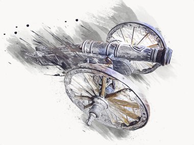 Tekerlekler üzerindeki antik top resimde izole edildi