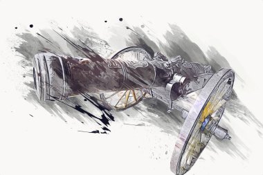 Tekerlekler üzerindeki antik top resimde izole edildi