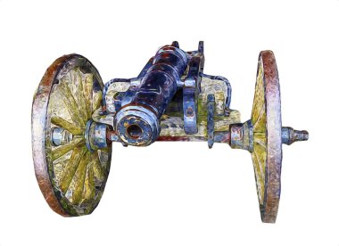 Tekerlekler üzerindeki antik top resimde izole edildi