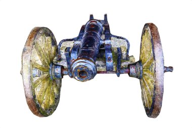 Tekerlekler üzerindeki antik top resimde izole edildi