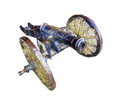 Tekerlekler üzerindeki antik top resimde izole edildi