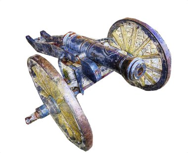 Tekerlekler üzerindeki antik top resimde izole edildi