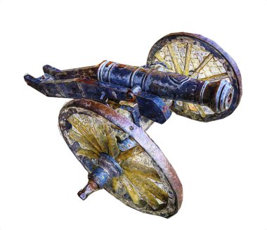 Tekerlekler üzerindeki antik top resimde izole edildi