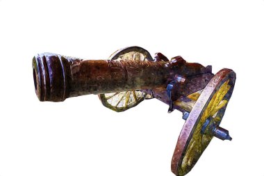 Tekerlekler üzerindeki antik top resimde izole edildi