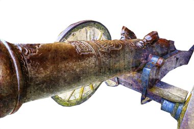 Tekerlekler üzerindeki antik top resimde izole edildi