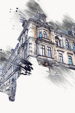 Klodzko şehir merkezi, hava kalesi sanat illüstrasyonundan antika eskiz.