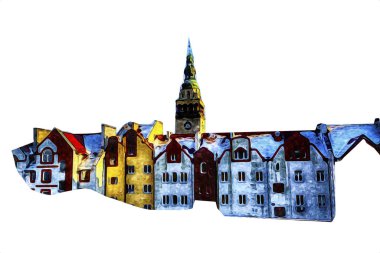 Klodzko şehir merkezi, hava kalesi sanat illüstrasyonundan antika eskiz.