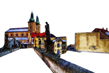 Klodzko şehir merkezi, hava kalesi sanat illüstrasyonundan antika eskiz.