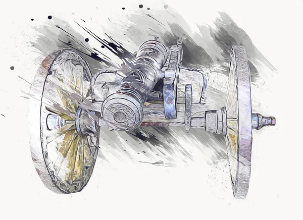 图上孤立的轮子上的古老大炮 — 图库照片