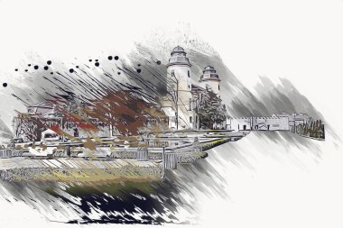 Ksiaz Şatosu Polonya Sicilya sanat retro illüstrasyon, sanat, çizim, eskiz, resim