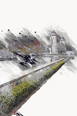 Ksiaz Şatosu Polonya Sicilya sanat retro illüstrasyon, sanat, çizim, eskiz, resim