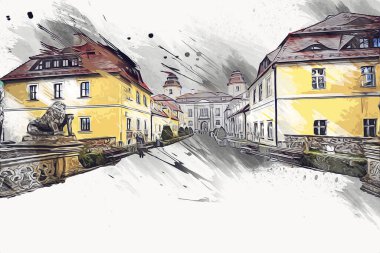 Ksiaz Şatosu Polonya Sicilya sanat retro illüstrasyon, sanat, çizim, eskiz, resim