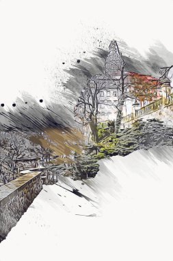 Ksiaz Şatosu Polonya Sicilya sanat retro illüstrasyon, sanat, çizim, eskiz, resim