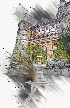 Ksiaz Şatosu Polonya Sicilya sanat retro illüstrasyon, sanat, çizim, eskiz, resim