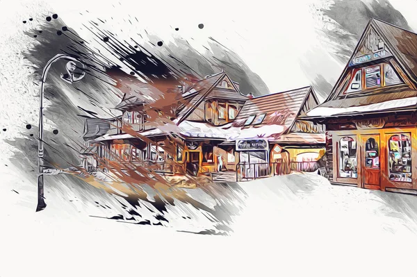 Dřevěná Architektura Zakopane Dne Polsko Ilustrační Kresba — Stock fotografie