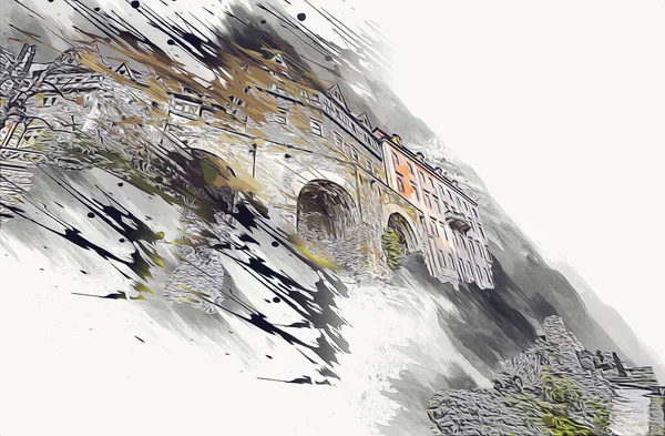 Château Ksiaz Pologne Silesia Art Rétro Illustration Art Dessin Croquis — Photo