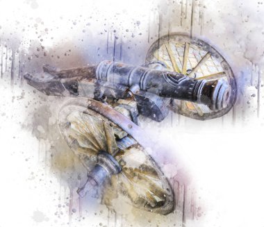 Tekerlekler üzerindeki antik top resimde izole edildi