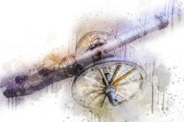 Tekerlekler üzerindeki antik top resimde izole edildi