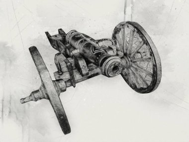 Tekerlekler üzerindeki antik top resimde izole edildi