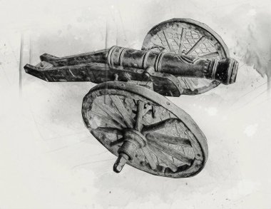 Tekerlekler üzerindeki antik top resimde izole edildi