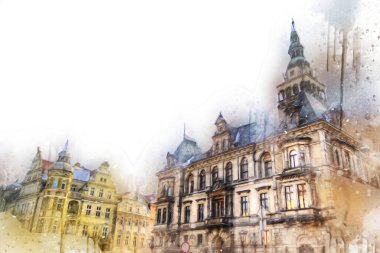 Klodzko şehir merkezi, hava kalesi sanat illüstrasyonundan antika eskiz.